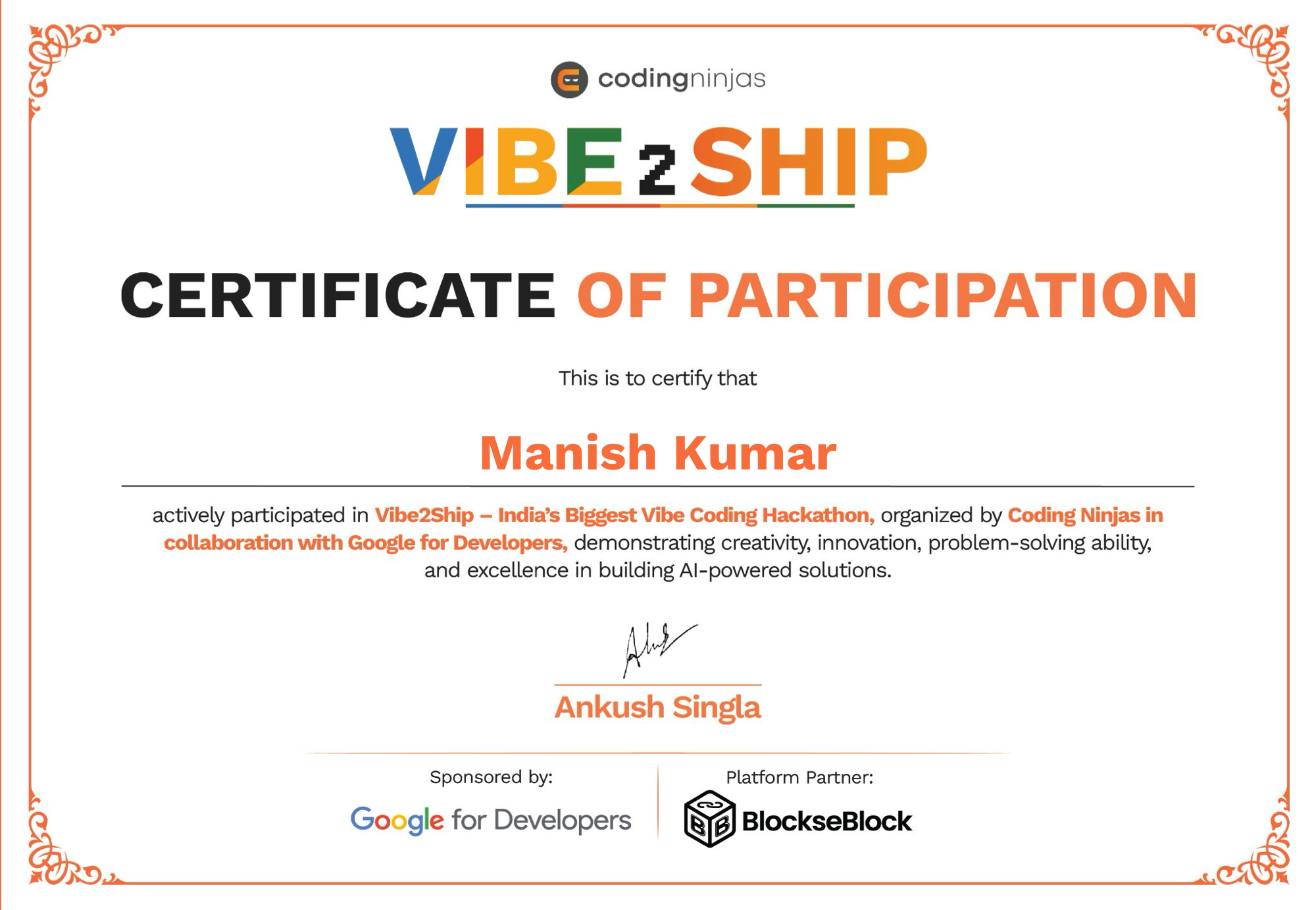 Certificate of Participation - Vibe2Ship Hackathon